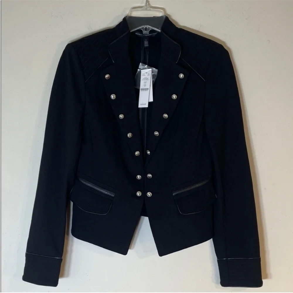 White House Black Market Ponte Black Military Jacket with Leather Pipping. 4.NWT - Picture 2 of 13